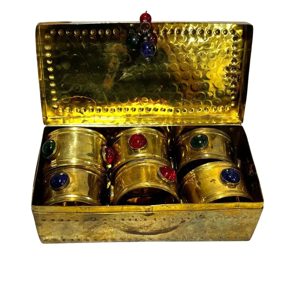 Vintage Brass napkin rings holders in hinged lid storage box gem tone beads